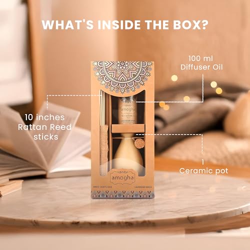 Image of IRIS Amogha Lavender Khus Reed Diffuser | 100ml Oil + 8 Reed Sticks | Decorative Ceramic Pot | Smoke-Free Home Fragrance | Ideal for Gifting