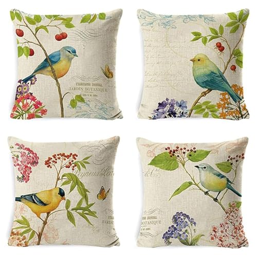 Housses De Coussin Motif Oiseau Floral Taies d'Oreiller Décoratives Carrées Housse De Coussin Lin...