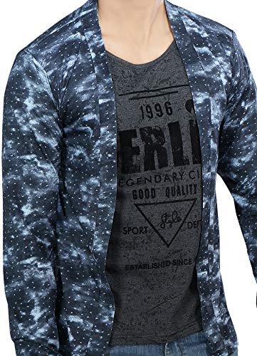Image of Boy's Cotton White Printed T-Shirt with Blue Jacket Shrug