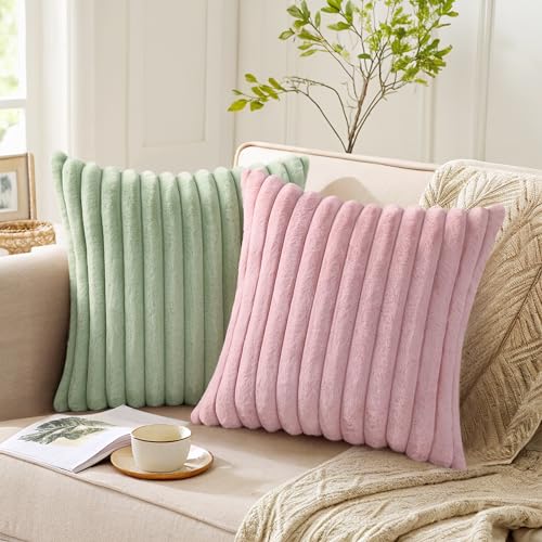 Pallene Faux Fur Plush Throw Pillow Covers 20x20 Set of 2, Luxury Soft Fluffy Striped Decorative Pillow Covers for Sofa, Couch, Living Room, Sage Green