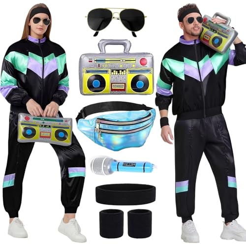 Hamanasu Karneval Kostüm Damen 80er 90er Jahre Outfit Herren Damen 81er Trainingsanzug Jacke Hose Disco Ganzkörperanzug Hip Hop Sportanzug Set für Karneval Partnerkostüme Erwachsene Lustig Black-M