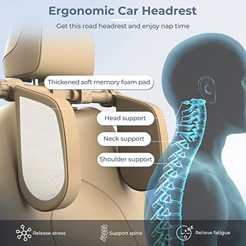 Image of Adjustable Car Headrest Pillow, Road Pal Headrest, U-Shaped Travel Sleeping Pillow for Kids & Adults, Head Neck Support Only Suitable for Car Seat Headrest with Poles, Khaki