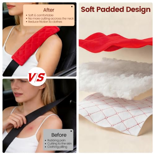 Image of Amooca Soft Seat Belt Cover Pad, 2-Pack Soft Car Safety Seatbelt Strap Shoulder Pad for Adults and Children, Suitable for Car Seat Belt, Backpack, Shoulder Bag, Laptop Computer Bag (Red)