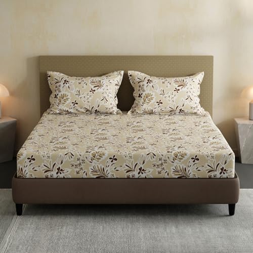 Image of Layers 100% Cotton Bedsheet for Double Size Bed | Lumina Floret Collection | 144 TC Soft & Breathable | Floral Print with 2 Pillow Covers | Wrinkle Free & Colorfast | 3 Piece Bedding Set - Beige