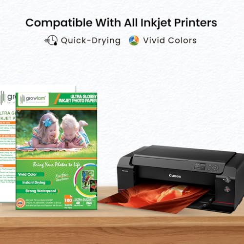 Image of Growlam Ultra Glossy Photo Paper 264 GSM 4R Size, 100 Sheets (Pack of 4) | Waterproof Technology, Instant Drying, Superior Colour Accuracy, Outstanding Ink Absorption, Resin-Coated for Long Durability