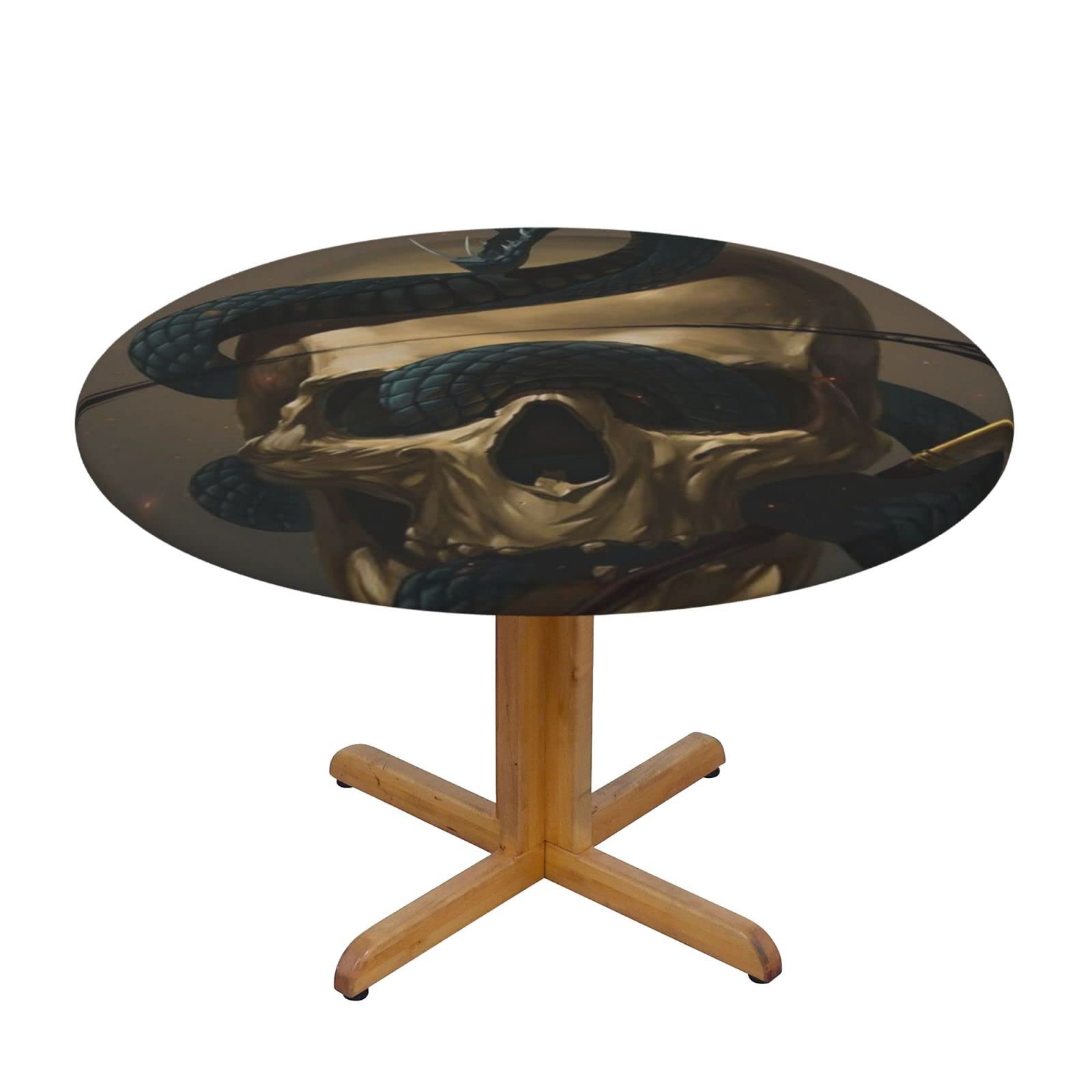 Lsjuee Round Fitted Tablecloth 45-50in Elastic Edged Table Cloth for Kitchen Dining Party Home Decor - Skull Snake Abstract Death Black