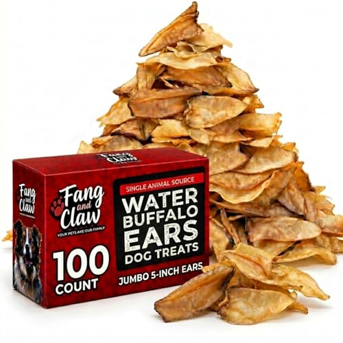 Fang and Claw 100 Count Water Buffalo Ears for Dogs Bulk Pack Jumbo 5-Inch - Pig Ear & Rawhide Alternative Single-Ingredient Grass-Fed Long-Lasting Natural Dog Chews for Aggressive Chewers