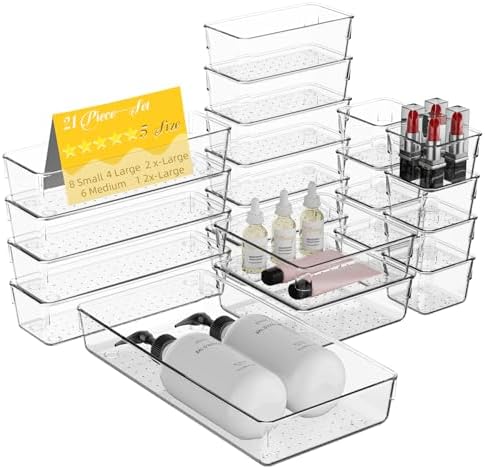 21 PCS Clear Plastic Drawer Organizer Set with 15 Inch Extra Long...