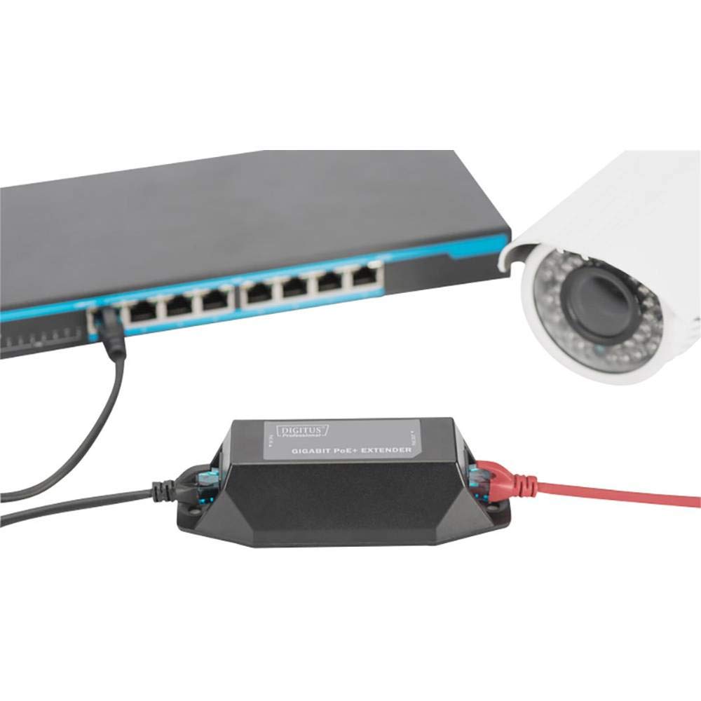 DIGITUS PoE+ Repeater – Potenza PoE 22 W – Portata 100 m – Cascata fino a 500 m di portata totale (4 dispositivi) – Power over Ethernet IEEE802.3af e IEEE802.3at – Nero