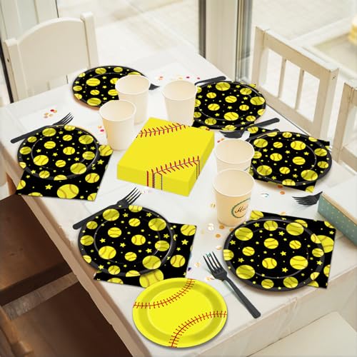 Image of 96Pcs Softball Birthday Party Decorations Paper Plates and Napkins Sets Sports Theme Dessert Disposable Tableware Black Yellow Softball Plates Supplies Team Sport Party Gifts Favors for 24 Guests