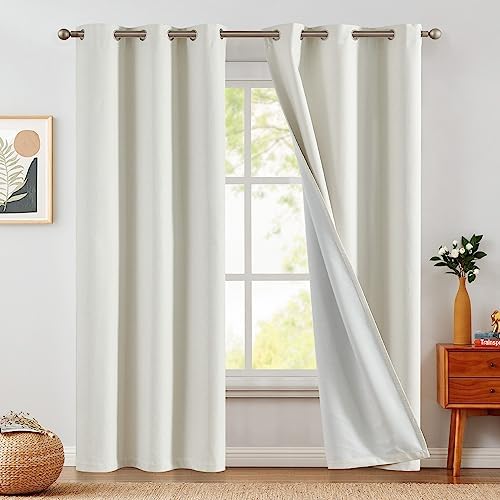 jinchan 100% Blackout Ivory Curtains 90 Inches Long for Bedroom Living Room Linen Textured Room Darkening Thermal Insulated Grommet Top Window Treatment Drapes 2 Panels