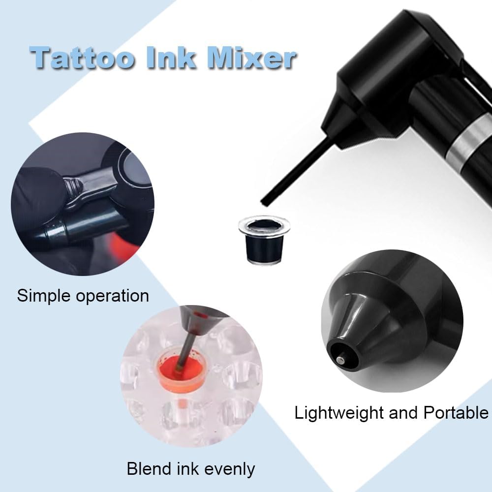 Tattoo Ink Mixer Machine Kit - Gakonp Pigment Mixer with 50Pcs Ink Mixing Sticks and 50Pcs 11mm Ink Caps Black Color Mixer Machine Electric Pigment Machine for Tattoo Supplies