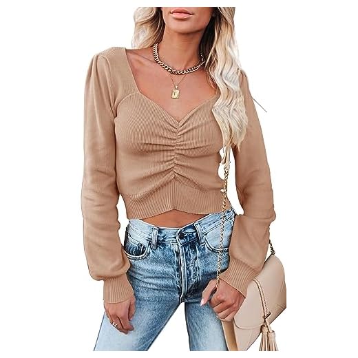 PRETTYGARDEN Fall Long Sleeve Cropped Sweaters for Women 2024 Off The Shoulder V Neck Ruched Ribbed Knit Going Out Tops (Dark Apricot, Medium)