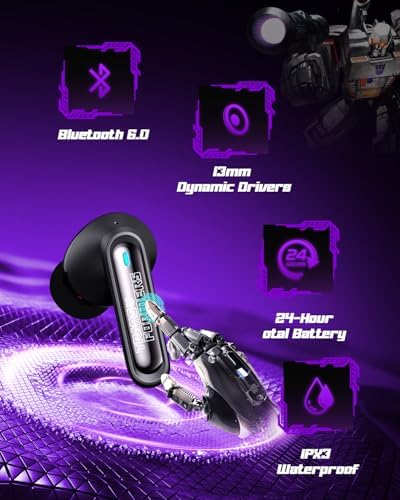 Transformers Official Bumblebee Wireless Gaming Earbuds, Bluetooth 6.0 Headphones, Open Mech Case with LED Lights, 24H Battery, IPX3 Waterproof, in-Ear Headphones for iPhone Android - Black — view 6