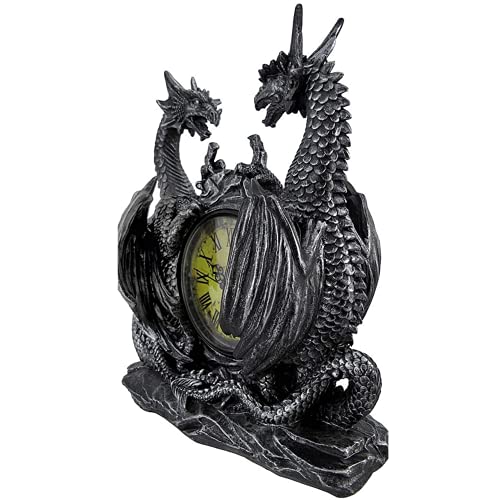 Dwk Twin Dragon Gothic Bookshelf Clock | Desk And Shelf Clocks Dragon Home Decor | Decorative Fireplace Fire Dragon Figurines | Small Vintage Clock For Shelf - 11" #TOP1