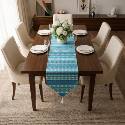 Image of STITCHNEST Woven Table Runner 13x60 Inches | Blue & Green Geometric Design | Tassel Finish | Modern Dining Table Decor