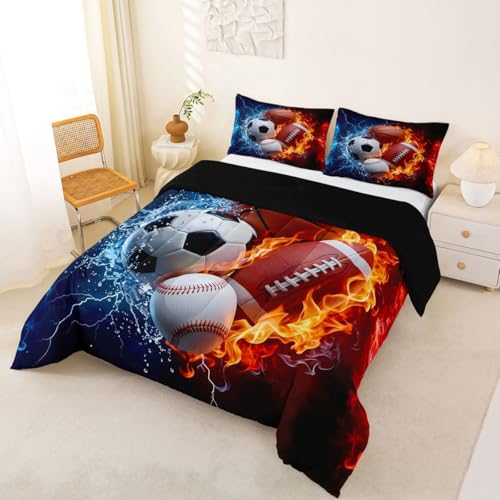 Image of Feelyou Boys Sports Comforter Set Full Size Football Baseball Soccer Bedding Set Basketball Duvet Quilt for Kids Boys Bedroom Ball Game Sports Decor Microfiber Ultra Soft Breathable