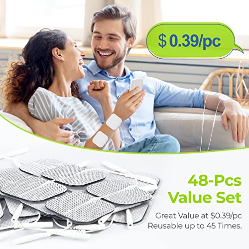 Auvon Tens Unit Replacement Pads 2"X2" 48 Pcs Value Pack, Reusable Latex-Free Tens Pads Electrode With Upgraded Self-Adhesion, Non-Irritating Pigtail Pads For Muscle Stimulator Electrotherapy #TOP2