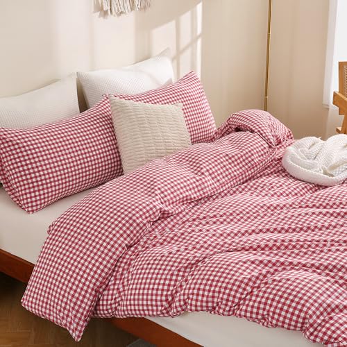 Image of TOCOMOA Red Gingham Duvet Cover Bedding Set 100% Washed Cotton Like Linen Feel Super Soft Comfortable 3 Piece Cute Plaid Checkered Comforter Cover Set (King 104 inchx90 inch, Comforter Not Included)