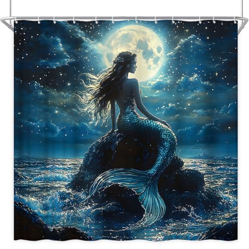 Nautical Mermaid Shower Curtain Fairy Tale Fish Mermaid Scales Beautiful Marine Life Moon Dreamy Ocean Coastal Dark Blue Seascape Sexy Girls Fabric Bathroom Decor Curtain Sets with Hooks,70' WX70' H