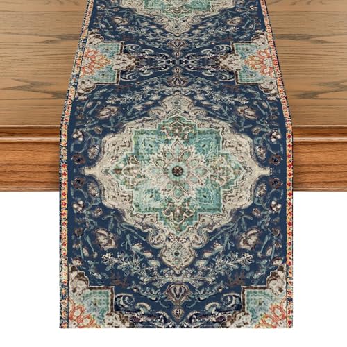 Artoid Mode Boho Bohemia Style Blue Table Runner, Country Rustic Farmhouse Magical Winter Kitchen Dining Table Decoration for Home Party Decor 13x72 Inch