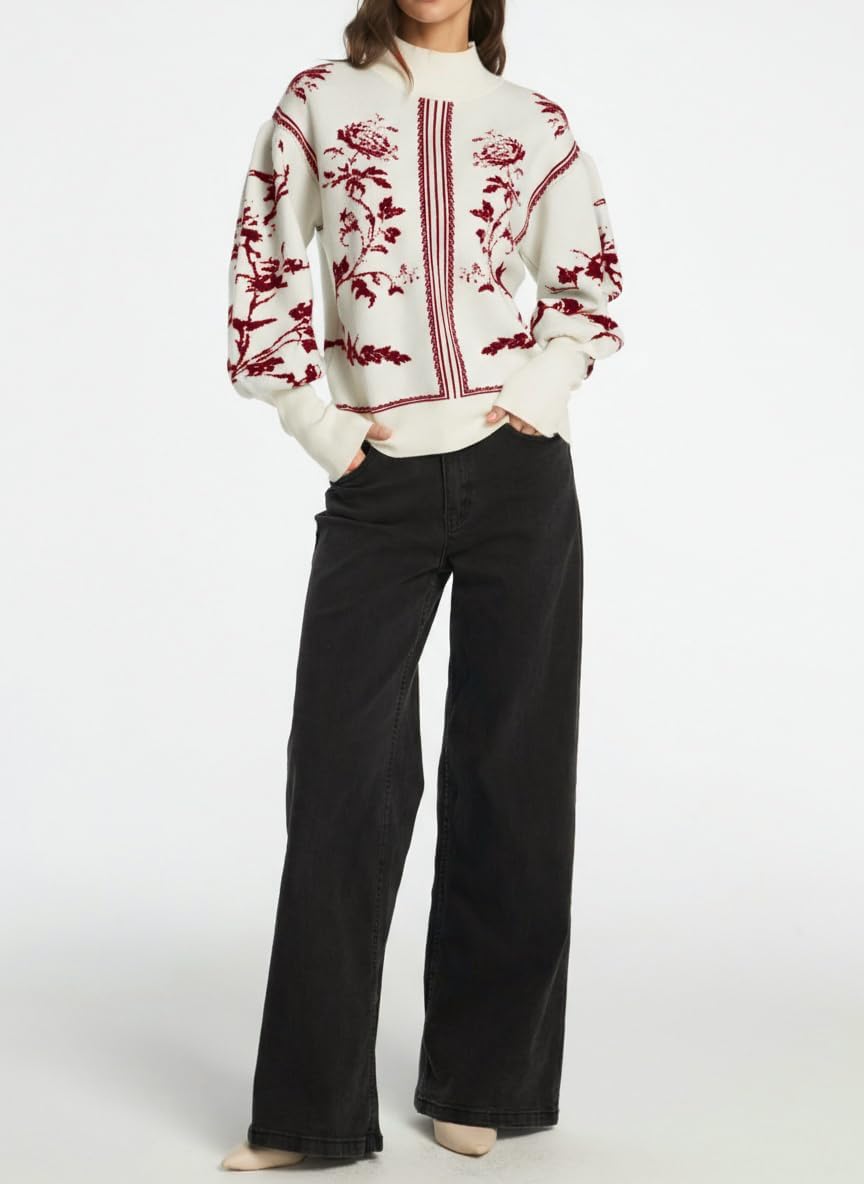 Women's Turtleneck Sweater Print Long Lantern Sleeve Fall Fashion 2025 Trendy Knit Pullover Tops - Image 7