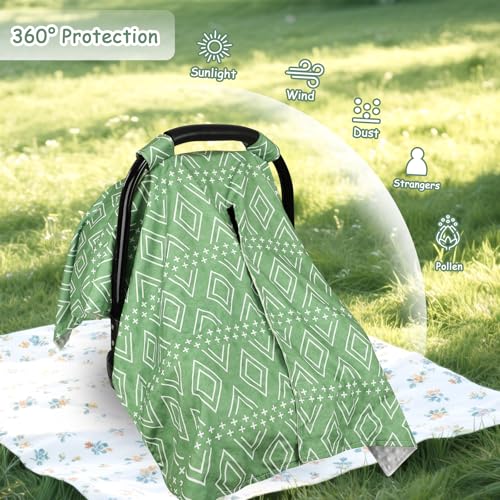 Image of TANOFAR Baby Carseat Canopy, Peekaboo Opening Car Seat Canopy for Babies, Soft and Breathable Infant Carrier Canopy, Multi-use Baby Carrier, Stroller, Nursing Cover, Minky Blanket, Green