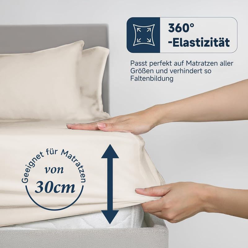 Gezu Mako Sábana bajera ajustable de satén de 90 x 200 cm, color beige y crema, 100 % algodón 60S, antibacteriana, para colchón de hasta 30 cm