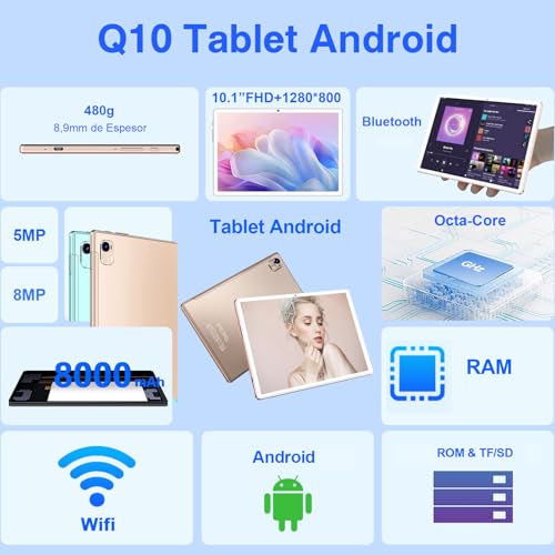 Image of Tablet 10 Inch Android with Octa-Core 2.0 GHz, Tablet 14GB RAM 128GB ROM TF 2TB Expand, 8000mAh Battery, Gemini AI, 5MP + 8MP Camera, 5G WiFi6, Bluetooth 5.0, 1280 * 800 FHD IPS Screen with Case, Gold