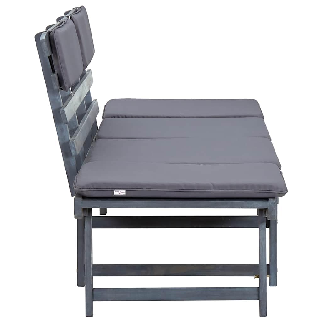 Banco de jardín de madera de acacia 2 en 1, 190 cm, gris, con cojines, banco plegable con laterales ajustables y fundas de almohada extraíbles