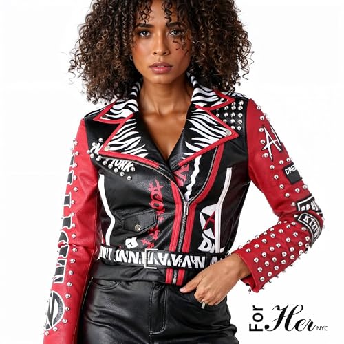 ForHer NYC Women's Punk Faux Leather Jacket, Black/Red, S-2X, Studded Accents, Zebra Print - 817632