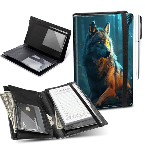 Server Book for Waitress,5.5x9 Inch - Waiter Book with Zipper Pocket,Pen Holder & Cash Compartments,Waterproof PU Leather Guest Check Organizer for Tips,Cards, Receipts,A Wolf at Night