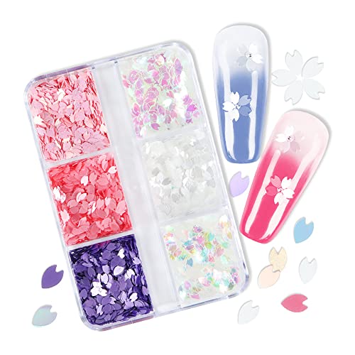 Cherry Blossoms Nail Art Sequins, 6 Grids Sakura Petal 3D Nail Sequins , Flowers Nail Glitter Sequins Decals for DIY Nail Decoration