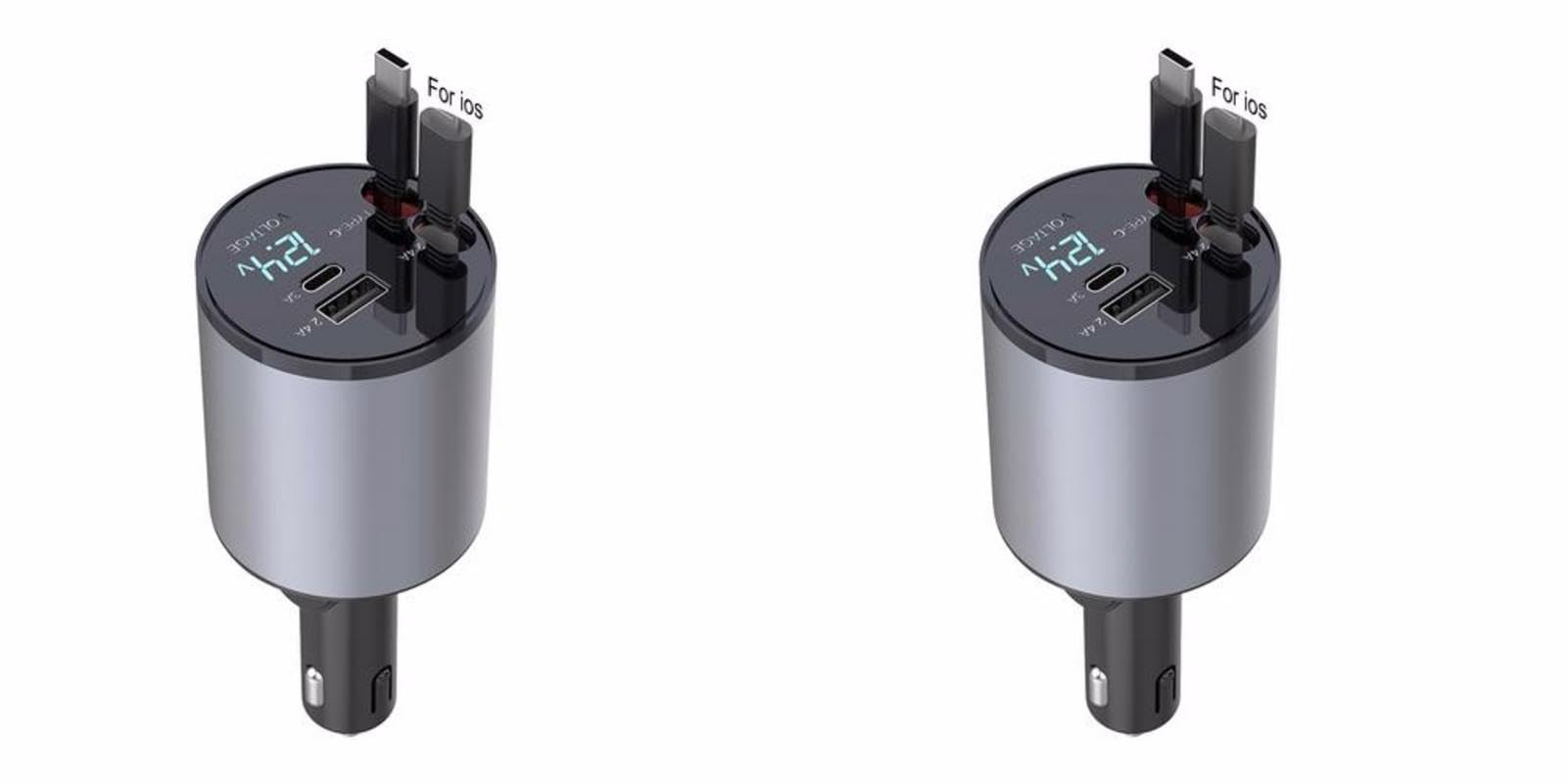 2 adaptadores de cargador de coche – Cargador USB de carga rápida para cigarrillos, adaptador de cargador de coche USB compacto de metal | Cargador de coche de 120 W con cables USB C/ios y múltiples