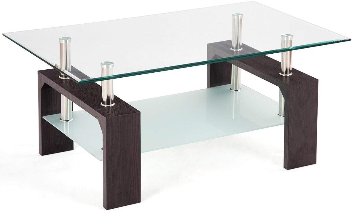 Rectangular Coffee Table 2-Tier Cocktail Table, Modern Coffee Table with Storage Bottom Shelf Vintage Tea Table Glass Top Wood Legs (Red Brown)