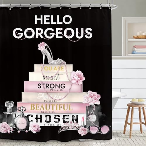 Yookeb Fashion Perfume Bathroom Shower Curtain 60W by 71H Inch Inspirational Motivational Positive Woman Black Pink High Heels Polyester Fabric 12 Plastic Hooks Waterproof Decor