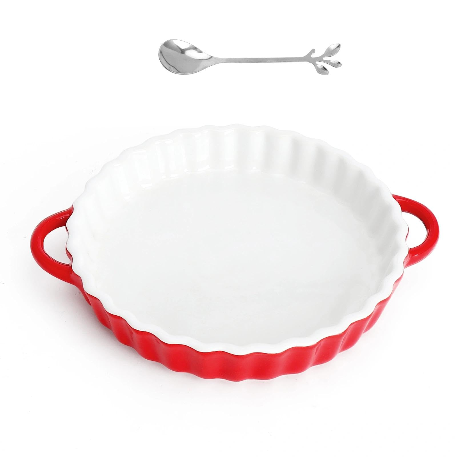 Plat à Tarte en Céramique Moule A Tarte Tourtiere avec Revêtement Résistant aux Coupures Facile à Nettoyer Livré avec Petite Cuillère avec Poignées, pour Quiches, Tartes 26 X 21 X 4cm