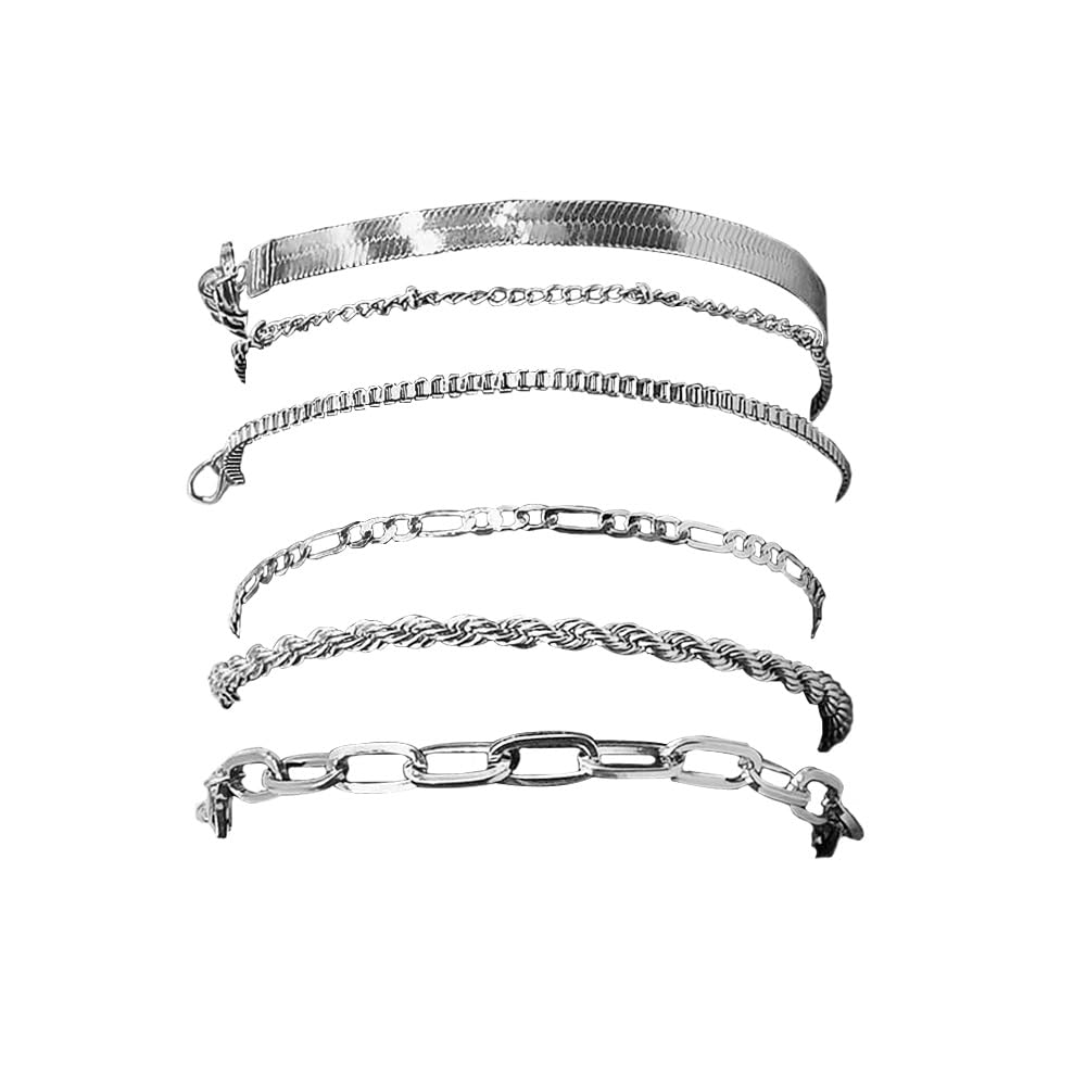 Set Di 6 Bracciali In Metallo Effetto Argento – Stili Multipli (piatti, Intrecciati, A Catena), Regolabili, Per Donna