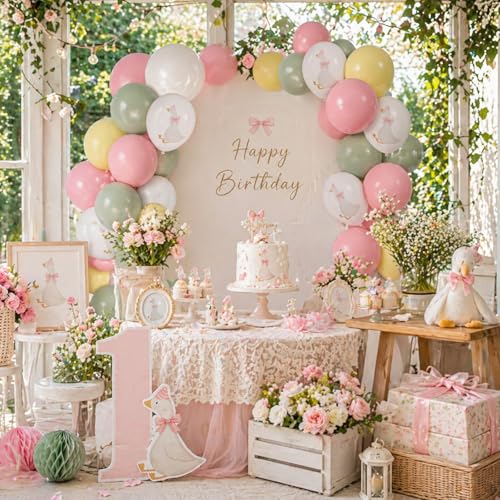 Image of Goose Balloons, 12 Inch Pink Green Yellow Goose Print Balloons for Farm Baby Shower Birthday Party Spring Supplies