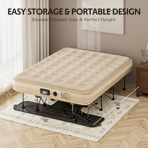 Image of Simpli Comfy Queen EZ Bed Self-Inflating Air Mattress with Built-in Frame, Pump and Wheeled Case, Blow Up Inflatable Rolling Air Bed on Wheels