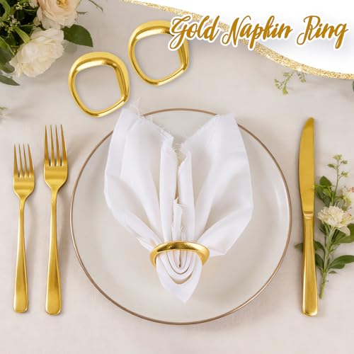 Image of APTWOW Gold Napkin Rings Set of 6, Tetragonum Metal Gold Napkin Holder Buckles, Fall Thanksgiving Christmas Napkin Rings, Napkins Rings for Dinner Table Decor