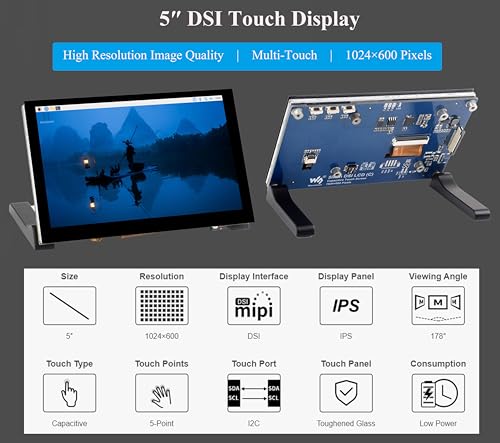 Image of 5inch DSI LCD 5-Point Capacitive Touch Screen Monitor for Raspberry Pi Pi5 /4B /3B+ /3B /3A+ /CM4 /CM3+ /CM3, 1024 x 600 Resolution IPS Display Screen, DSI Interface, 178 Viewing Angle, No Driver Required