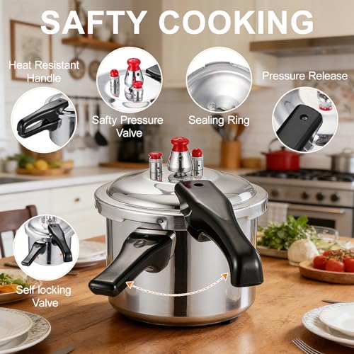 Image of DOITOOL Aluminum Pressure Cooker, 2 Liters /2.11 Quarts Small Pressure Cooker with Safety Valves, Fast Cooking and Even Heat Distribution