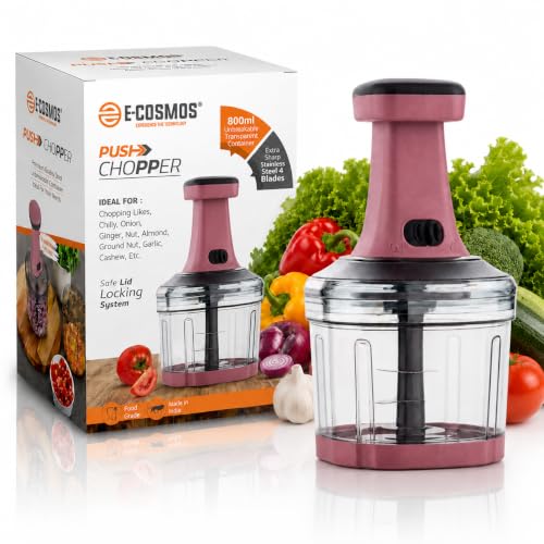 Image of E-COSMOS Food Chopper 800ml, 4 Blade Steel Large Manual Hand-Press Vegetable Chopper Mixer Cutter to Cut Onion, Salad, Tomato, Potato (Dusty Blush)
