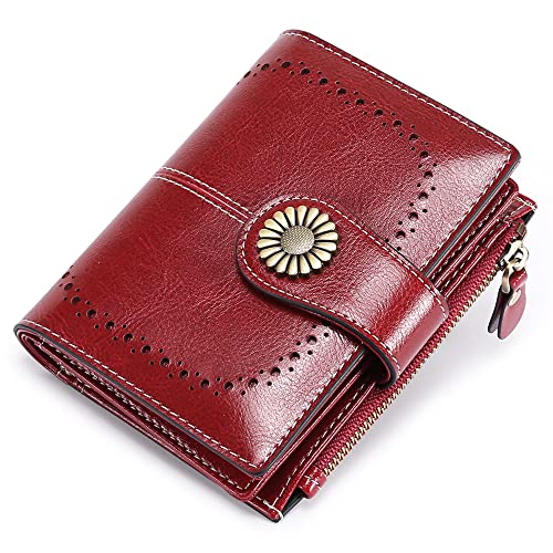 Womens Wallet Pouch Purse Genuine Leather Bifold ID Window Credit Debit Card Holder RFID Protected with Gift Box (Red)2