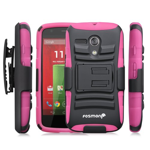 Fosmon STURDY Shock Absorbing Dual Layer Hybrid Holster Cover Kickstand Case for Motorola Moto G (1st Generation Only) / Motorola DVX - Retail Packaging (Pink)