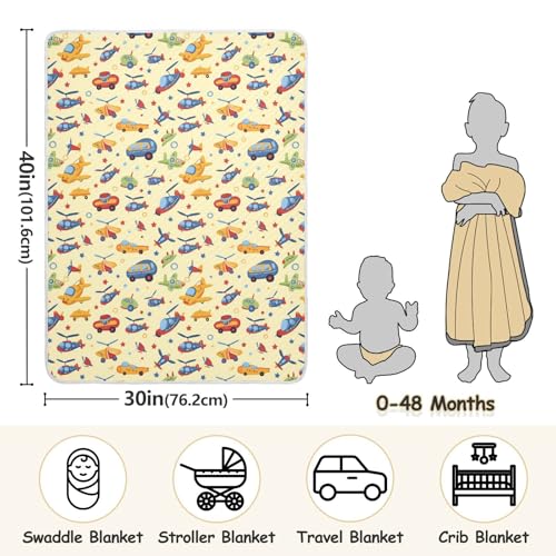 Image of Nursery Bed Blankets for Baby Girls and Boys Soft Multi Use Wrap Swaddle for Nursery /Strolleoddler Bed /Car seat 30X40in Cute Cartoon-Style Pattern Featuring Cars Planes and Helicopters