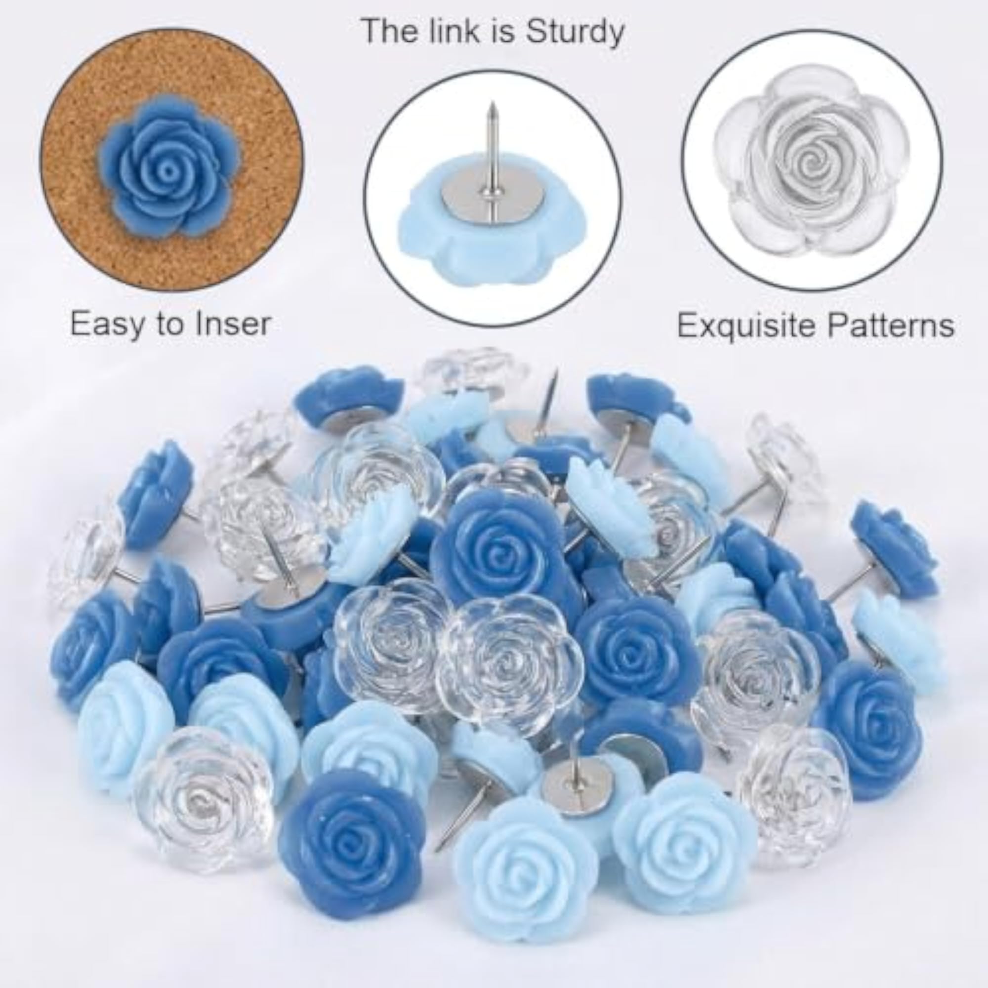 30 Pcs Floral Push Pins Resin Rose Decorative Thumb Tacks