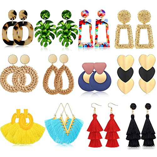FUNEIA 12 Paar Statement Ohrringe Set für Damen Frauen Boho Rattan Harz Acryl Tropfen Hängend Ohrringe Geometrische Große Quaste Creolen Strandohrringe Modeschmuck Cover