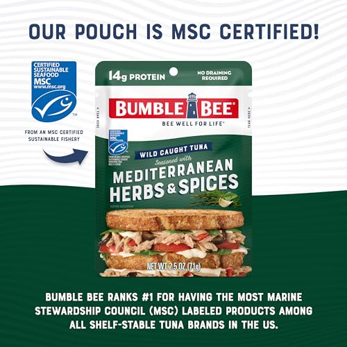 Image of Bumble Bee Mediterranean Herbs & Spices Seasoned Tuna, 2.5 oz Pouches (Pack of 12) - Ready to Eat - Wild Caught Tuna Packet - 14g Protein per Serving - Gluten Free